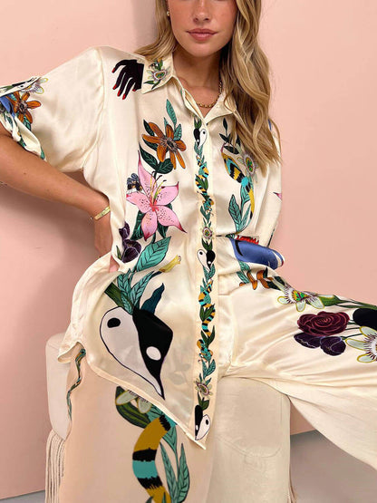Satin Flow™ 2.0 – Printed Satin 2-Piece Set with Oversized Blouse & Wide Leg Pants