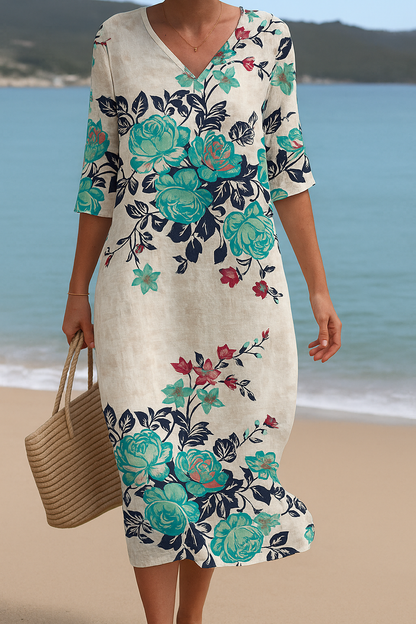 Élodie | Long white dress with turquoise flowers