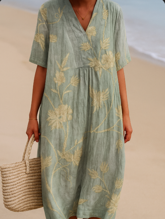 Olivia | Blue-gray Dress with Floral Embroidery