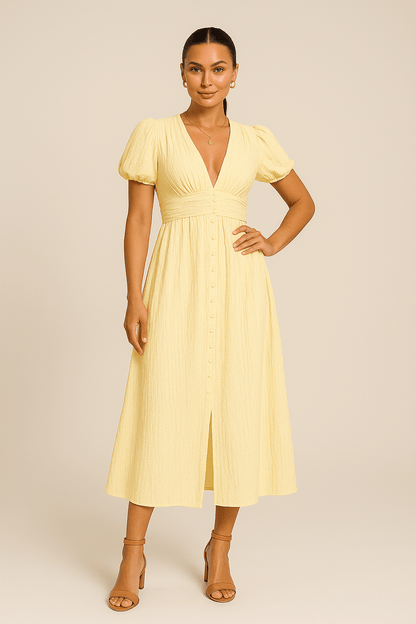 SOHO | Women's Maxi Dress Airy-Light with Button Placket and Puff Sleeves