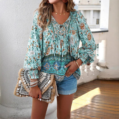 Leyla Printed Long Sleeve Shirt with V-Neck