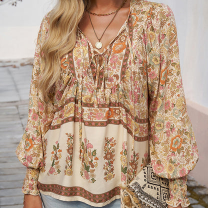 Leyla Printed Long Sleeve Shirt with V-Neck